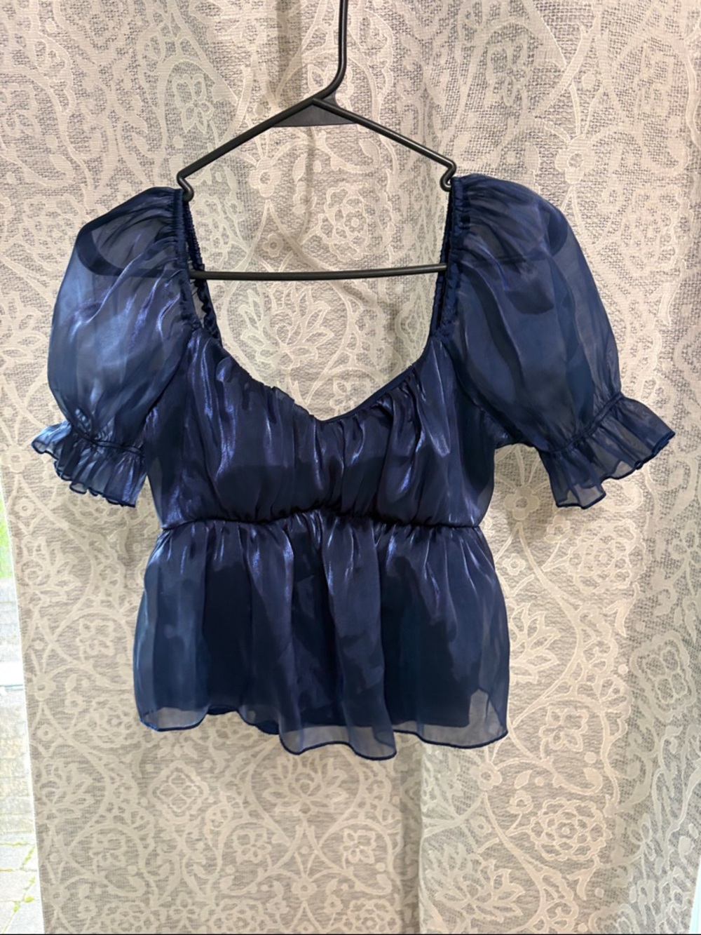 Thirty/Thirty Large Sheer Puff-Sleeve Peplum Top - Navy
